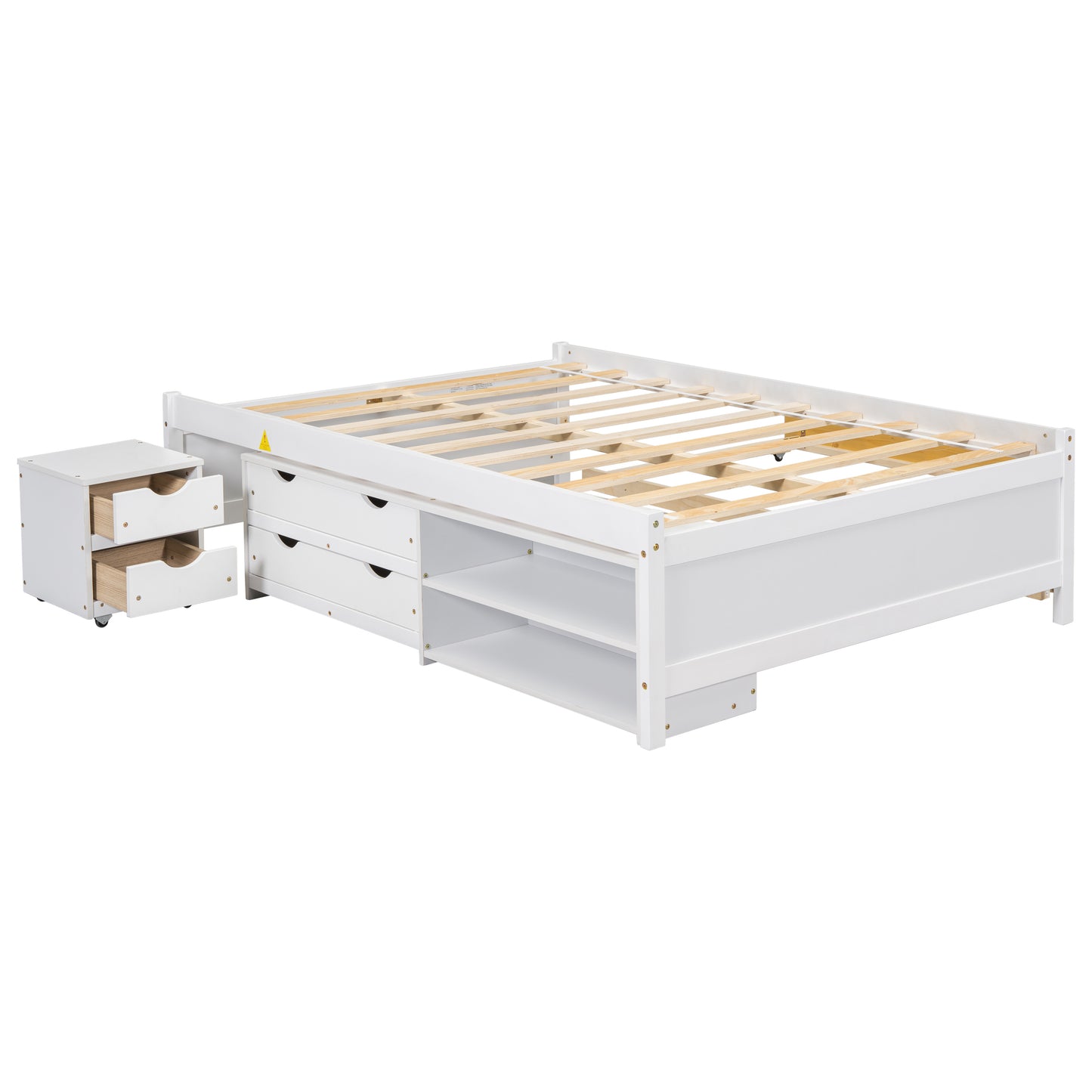 Cama completa versátil con nido, caja de almacenamiento debajo de la cama y mesita de noche. Blanco