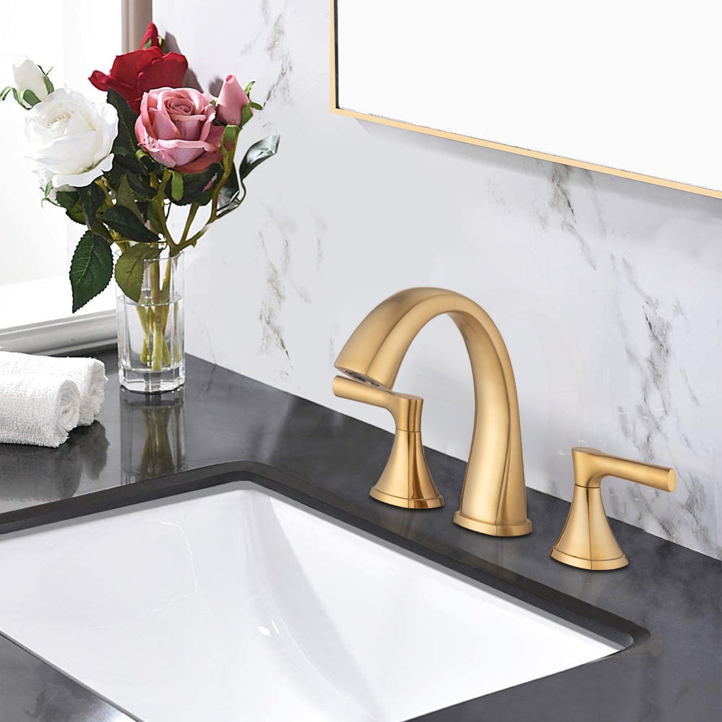 Widespread Bathroom Sink Faucets Two Handle 3 Hole Vanity Bath Faucet  with Drain Assembly (Brushed Golden)