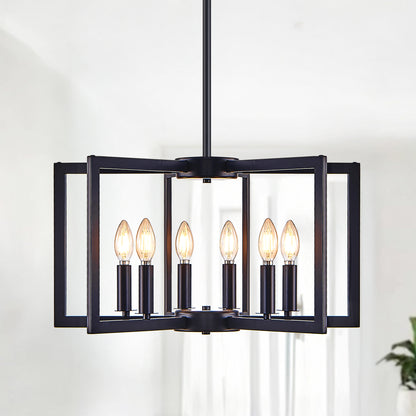 22' Modern Black Geometric 6-Light Chandelier – Industrial Metal Pendant Light Fixture for Living Room, Dining Room, or Kitchen (Bulb Not Included)