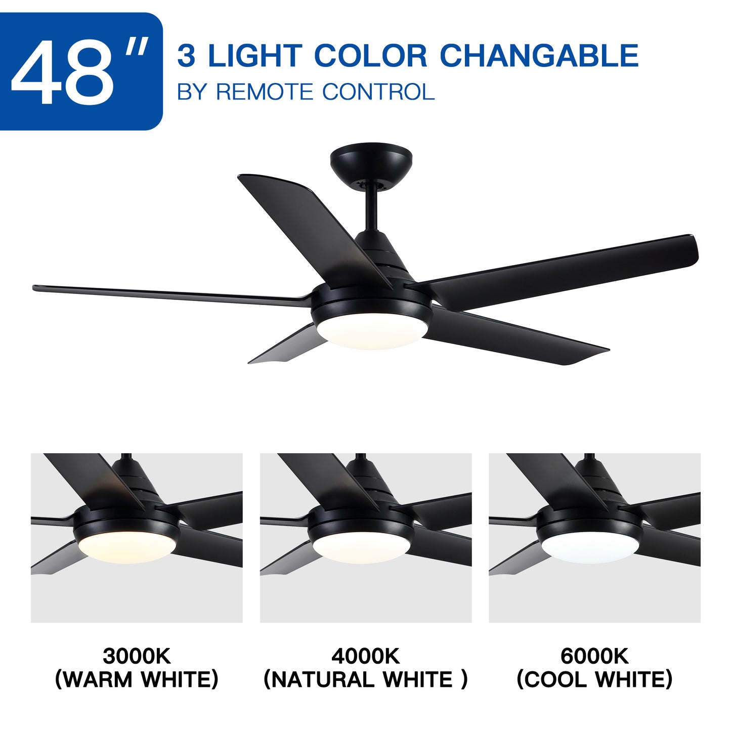 YUHAO 48 In Intergrated LED Ceiling Fan Lighting with Black ABS Blade