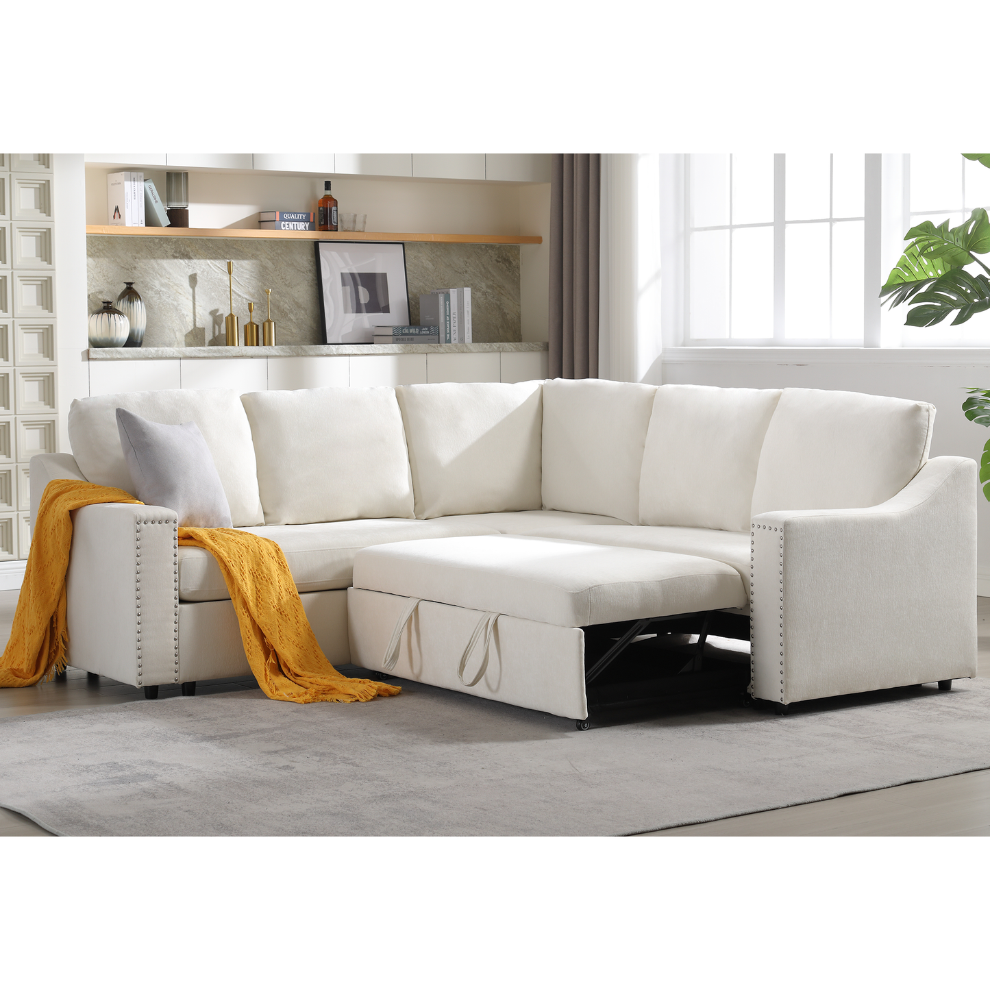 [NEW ARRIVED] [VIDEO PROVIDED]L-shaped sofa with pull-out sofa bed, Corner Sofa,comfortable living room furniture set, sleeper sofa bed,Corner seat for two with broaching sofa,Rivet DeChenille,Beige