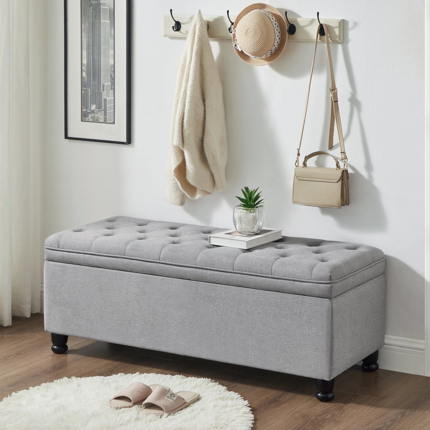 Upholstered tufted button storage bench ,Linen fabric entry bench with spindle wooden legs, Bed bench- Light Gray