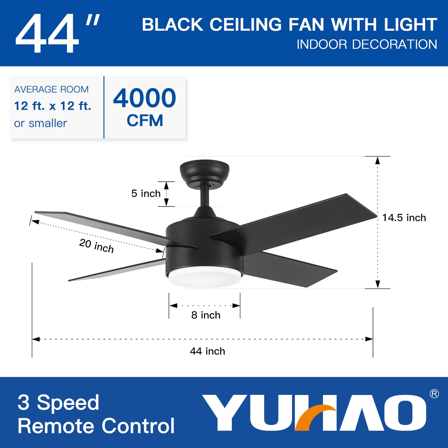 YUHAO 44 In Intergrated LED Ceiling Fan with Black ABS Blade