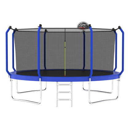 14FT Outdoor Trampoline with Basketball Hoop and Enclosure Net, ASTM Approved, Blue, Steel
