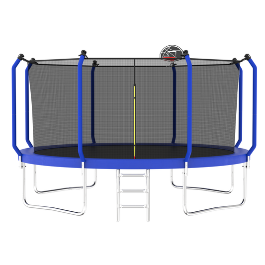 14FT Outdoor Trampoline with Basketball Hoop and Enclosure Net, ASTM Approved, Blue, Steel