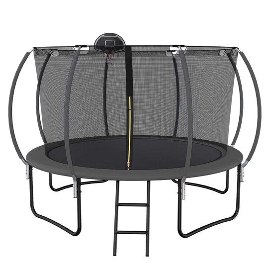 12 FT TRAMPOLINE BLACK PUMPKIN-STYLE SAFETY NET WITH BASKETBALL HOOP