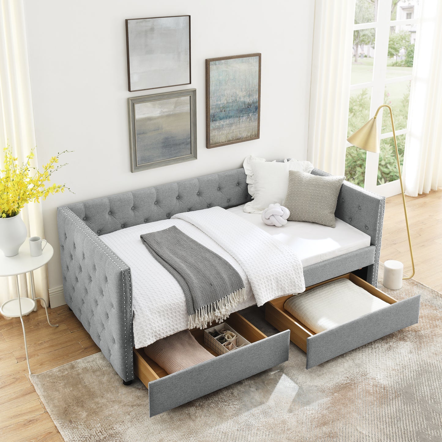 Sofá cama doble tapizado con dos cajones, con botón y clavo de cobre en brazos cuadrados, gris (82.75''x43''x30.75'')