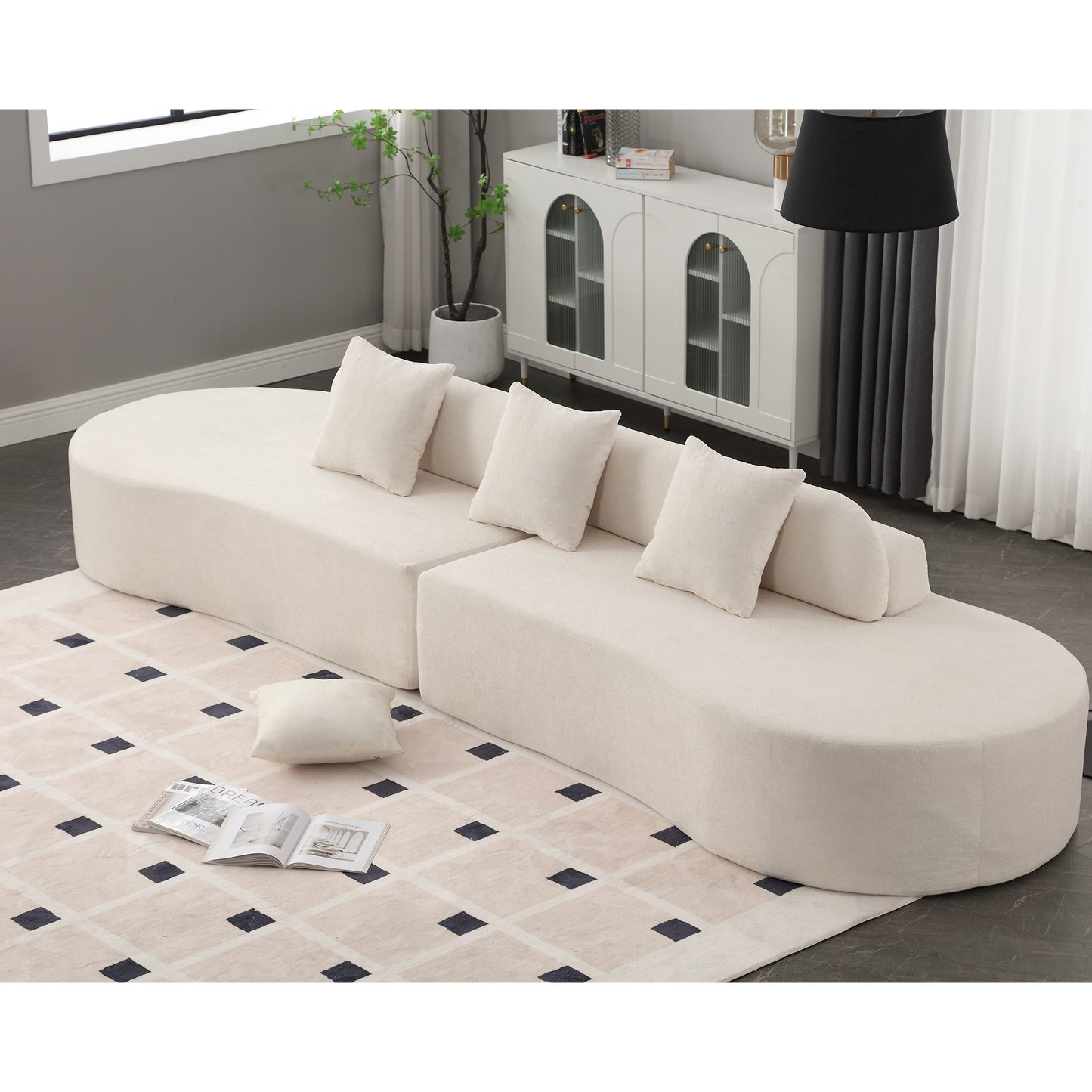 [NEW ARRIVED] [VIDEO PROVIDED] Modern curved combination sofa, terrycloth fabric sofa, minimalist sofa in living room, apartment, no assembly required, three  pillows,Beige