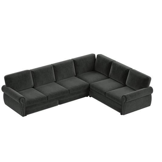 118 ' L-Shaped Sofa Couch with Pull-Out Bed, Oversize Convertible Sleeper Sofa with Nailhead Trim & Rolled Arm, Chenille Upholstered Sectional Couches, for Living Room, Apartment, Office, Dark Grey