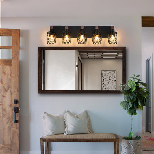 31' Industrial Vintage 5-Light Wall Sconce - Black Cage Wall Lighting Fixture with Wooden Accents for Bathroom, Hallway, or Living Room (Bulb Not Included)