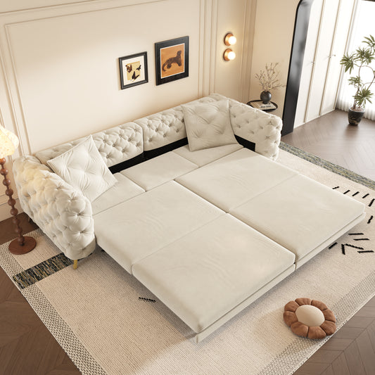 97.7' 3-in-1 Convertible Sleeper Sofa, 28.4' Deep Seat Pull Out Sofa Bed,Button Tufted Modern Sofa, 4-Seater Couch with Movable Ottoman  for Living Room, Small Space, Apartment, Office, Bedroom,Beige