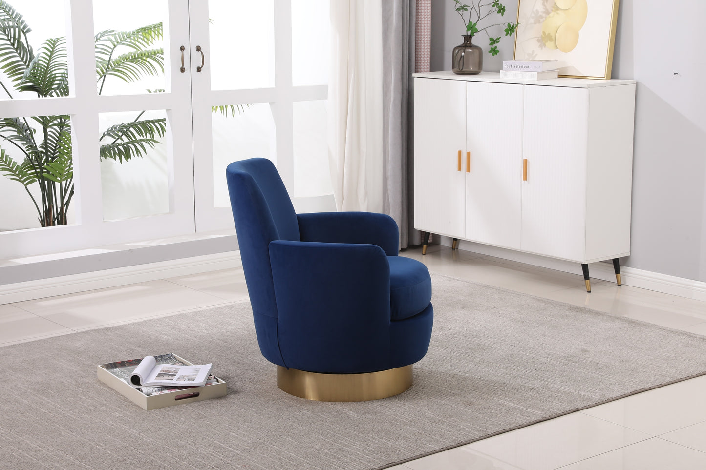 Silla giratoria de terciopelo, sillas giratorias decorativas, sillón para sala de estar, sillas de lectura para dormitorio, cómodas, sillas redondas con base de acero inoxidable dorado (azul marino)