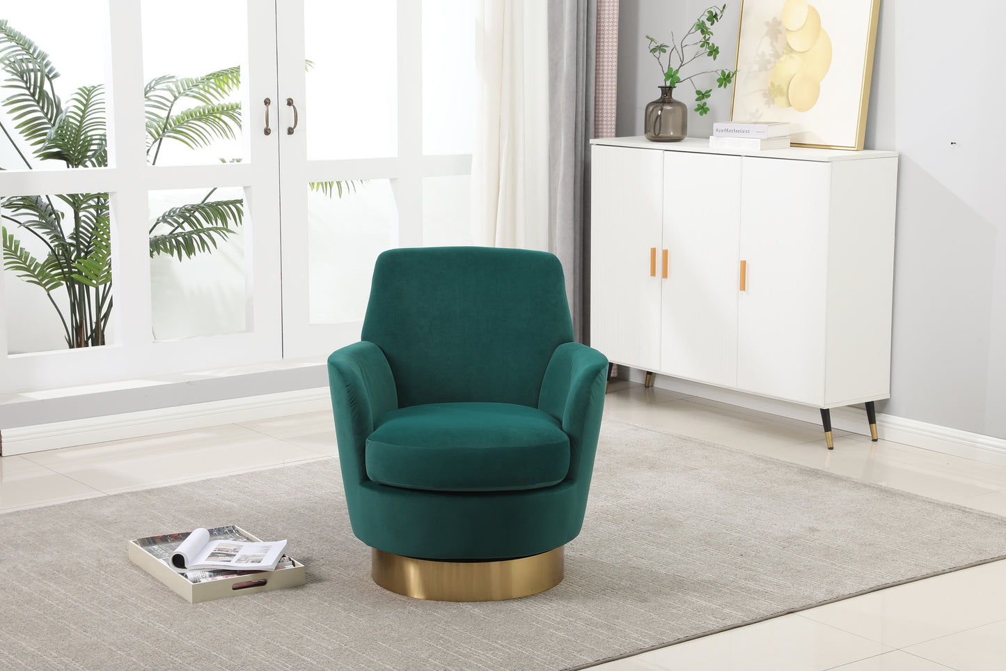 Velvet Swivel Barrel Chair, Swivel Accent Chairs Armchair for Living Room, Reading Chairs for Bedroom Comfy, Round Barrel Chairs with Gold Stainless Steel Base (Emerald)