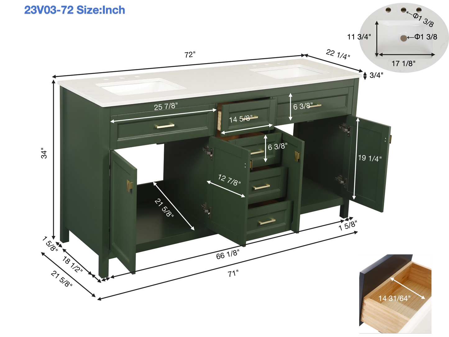 Combinación de lavabo de tocador con encimera de mármol, gabinete de lavabo de baño y tocadores de baño para decoración del hogar - Tocador verde completamente ensamblado de 72 pulgadas con fregadero 23V03-72VG