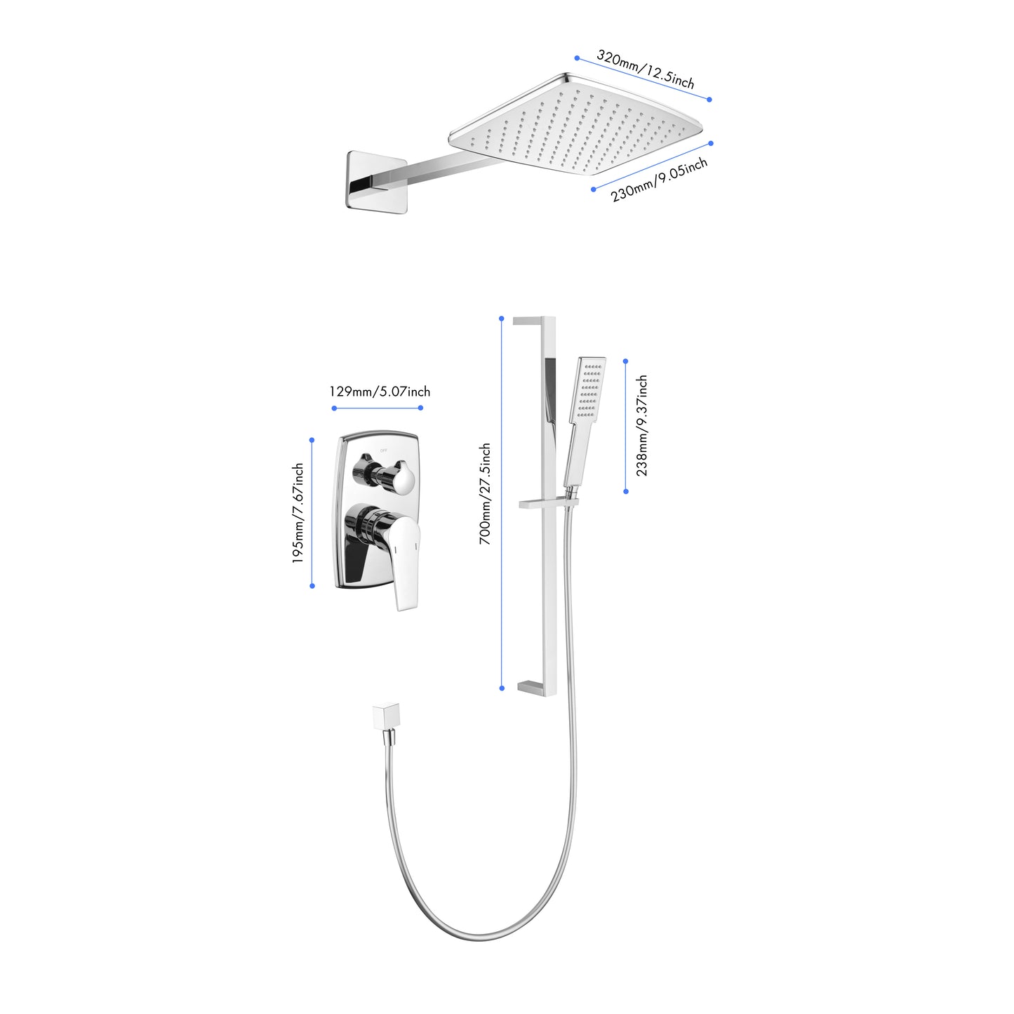 Wall Mounted Waterfall Rain Shower System With 3 Body Sprays & Handheld Shower