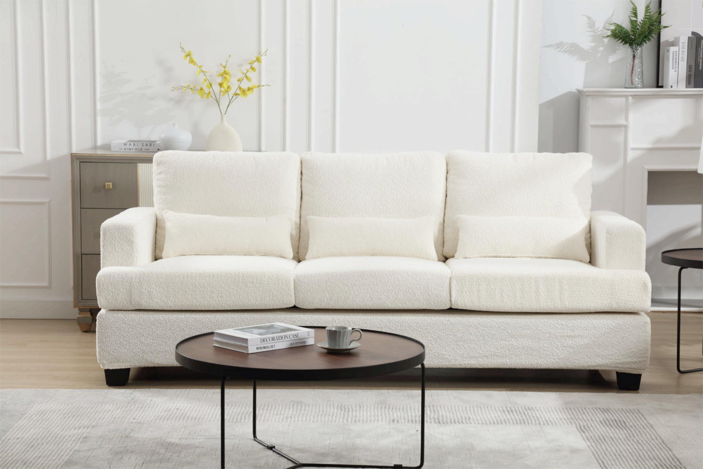 [VIDEO PROVIDED] 88.4" Length Modern Sofas Couches for Living Room, Sofas & couches with Square Armrest, Removable back Cushion and 3pcs waist pillow  (White&Gray Fabric)