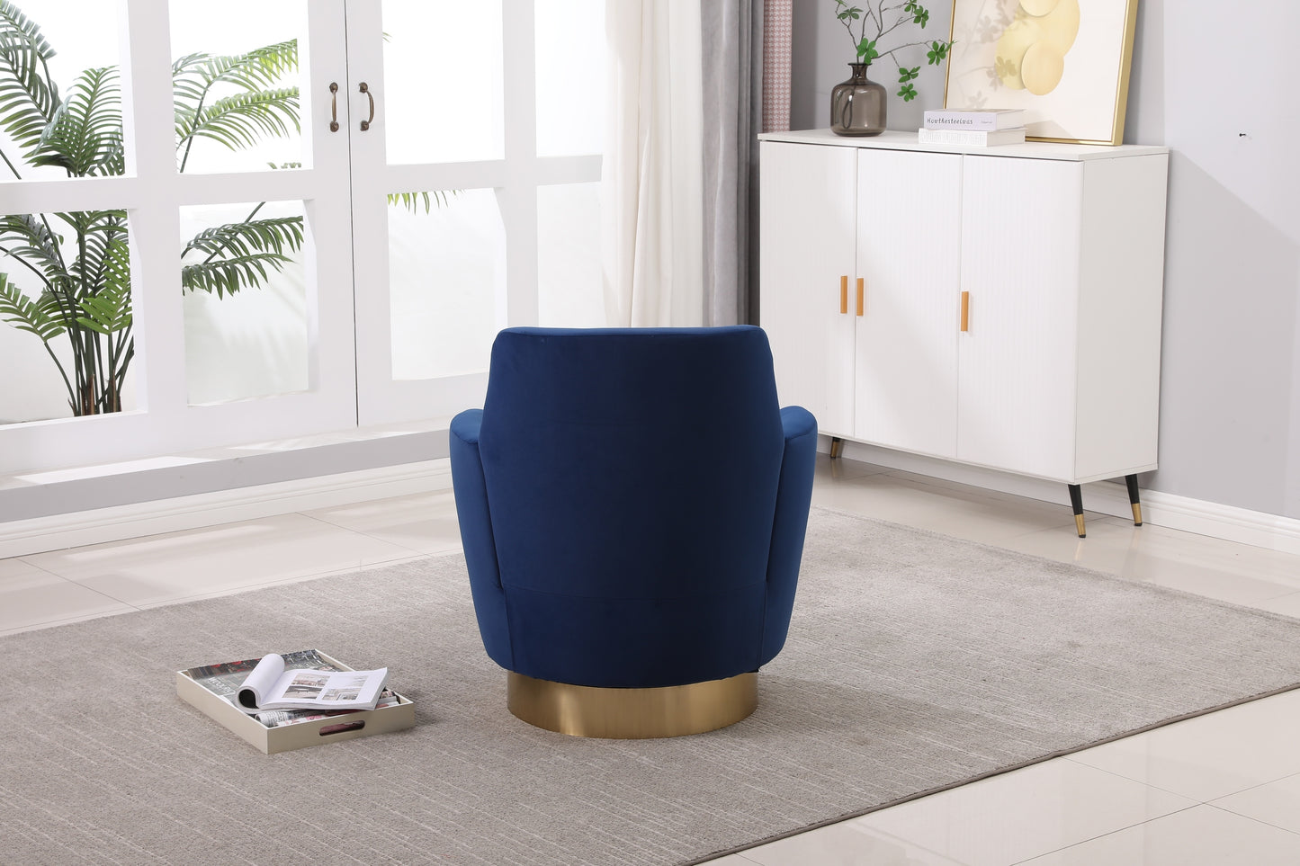 Silla giratoria de terciopelo, sillas giratorias decorativas, sillón para sala de estar, sillas de lectura para dormitorio, cómodas, sillas redondas con base de acero inoxidable dorado (azul marino)