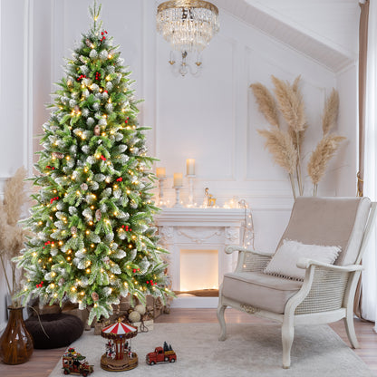 6ft Pre-Lit Artificial Christmas Tree with 380 Warm White LED Lights, 1264 Tips, Frosted Greenery with Red Berries & Natural Pinecones, Full Holiday Tree with Sturdy Metal Stand for Indoor Decoration