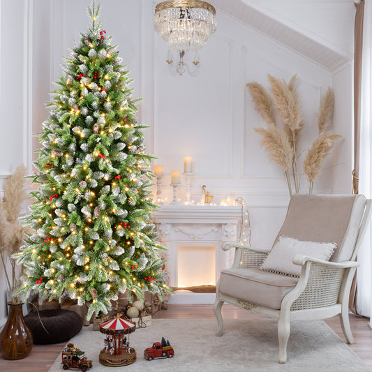 6ft Pre-Lit Artificial Christmas Tree with 380 Warm White LED Lights, 1264 Tips, Frosted Greenery with Red Berries & Natural Pinecones, Full Holiday Tree with Sturdy Metal Stand for Indoor Decoration