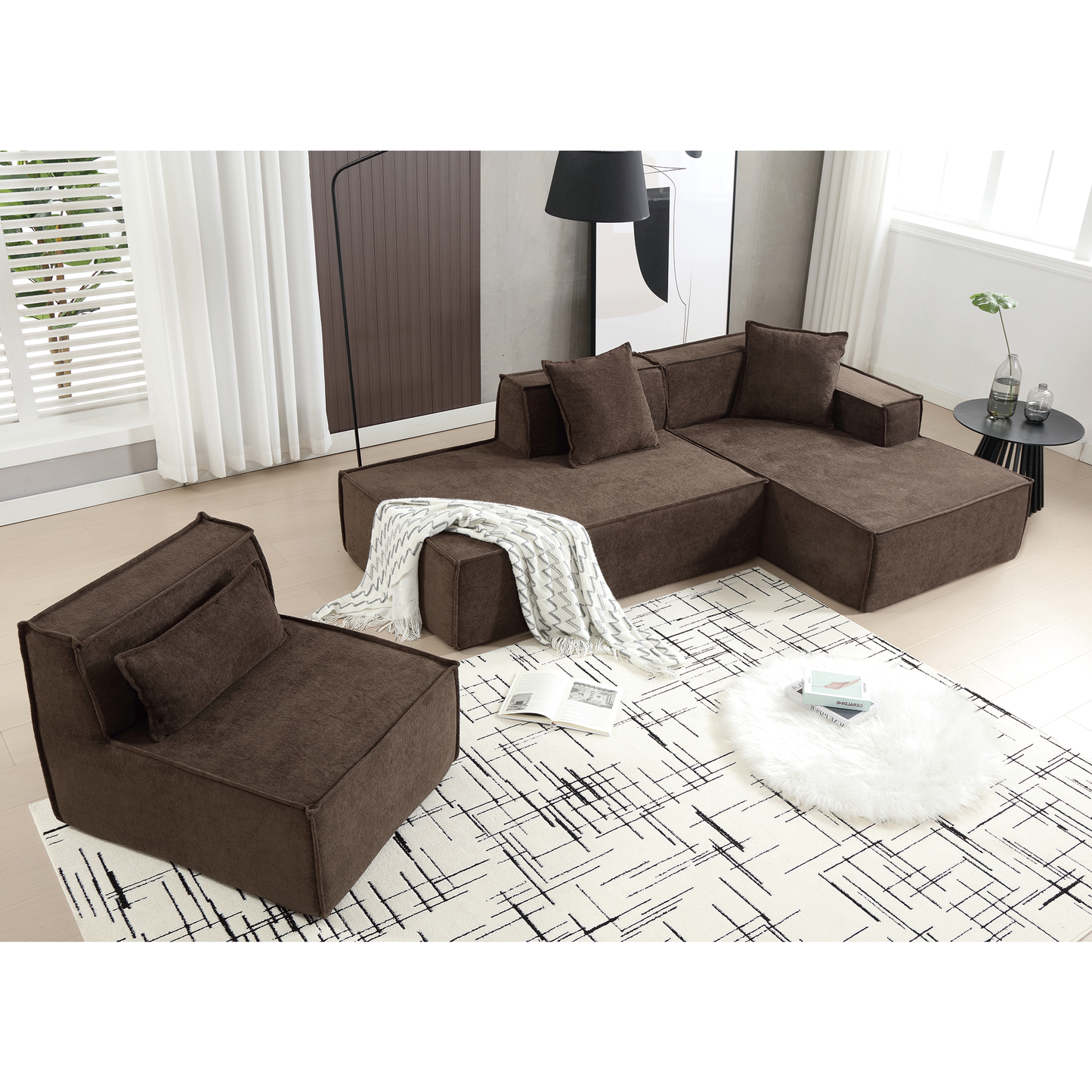 [VIDEO PROVIDED] Modular combination living room sofa set, modern minimalist sofa, free installation sofa, L-shaped, Italian minimalist tofu block sofa,Right-Hand Facing, Dark brown