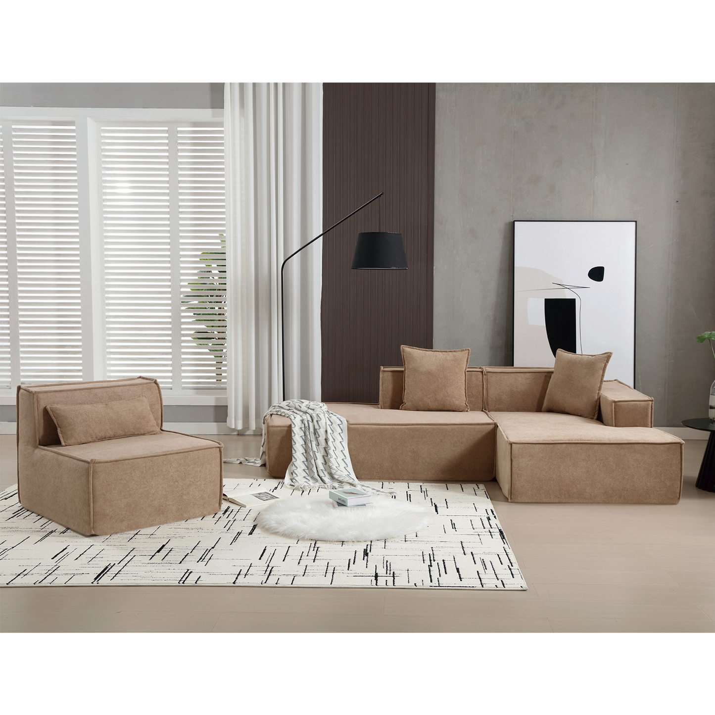 [VIDEO PROVIDED] Modular combination living room sofa set, modern minimalist sofa, free installation sofa, L-shaped, Italian minimalist tofu block sofa,  Right-Hand Facing,Light Brown