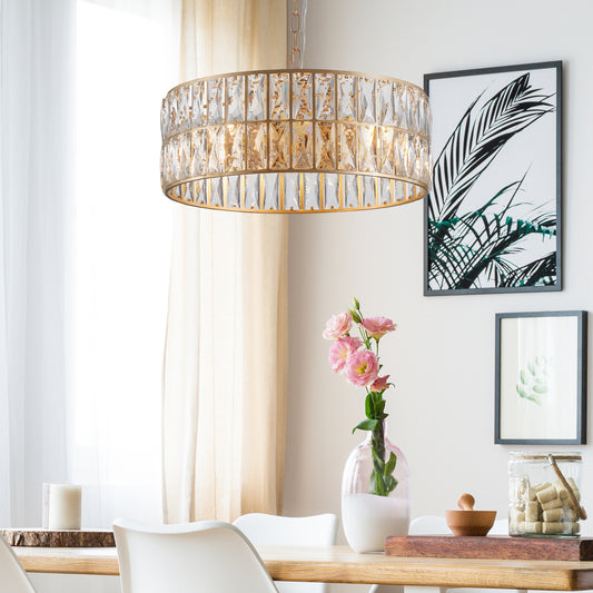 18' Golden Modern Crystal Drum Chandelier, 6-Light Pendant Lighting Fixture with Metal Frame for Living Room, Dining Room, and Bedroom (Bulbs Not Included)