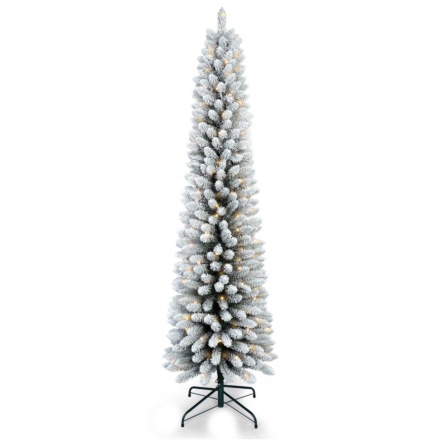 6FT Flocked Pencil Christmas Tree with 150 Warm White LED Lights – Slim Snowy PVC Tree with 358 Tips, Metal Stand, Space-Saving Design, Easy to Set Up