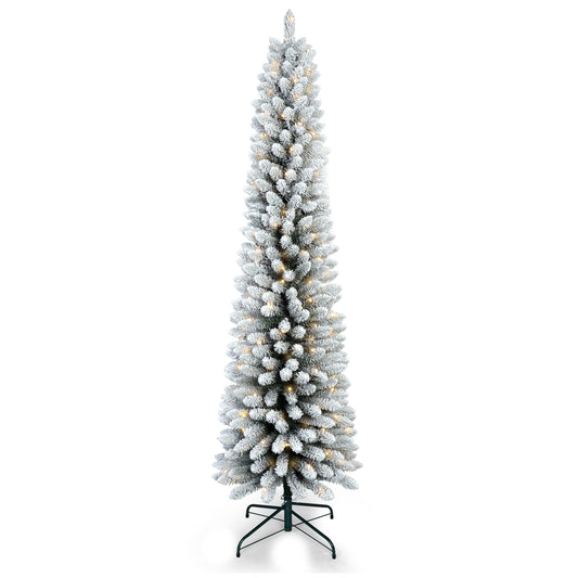 6FT Flocked Pencil Christmas Tree with 150 Warm White LED Lights – Slim Snowy PVC Tree with 358 Tips, Metal Stand, Space-Saving Design, Easy to Set Up