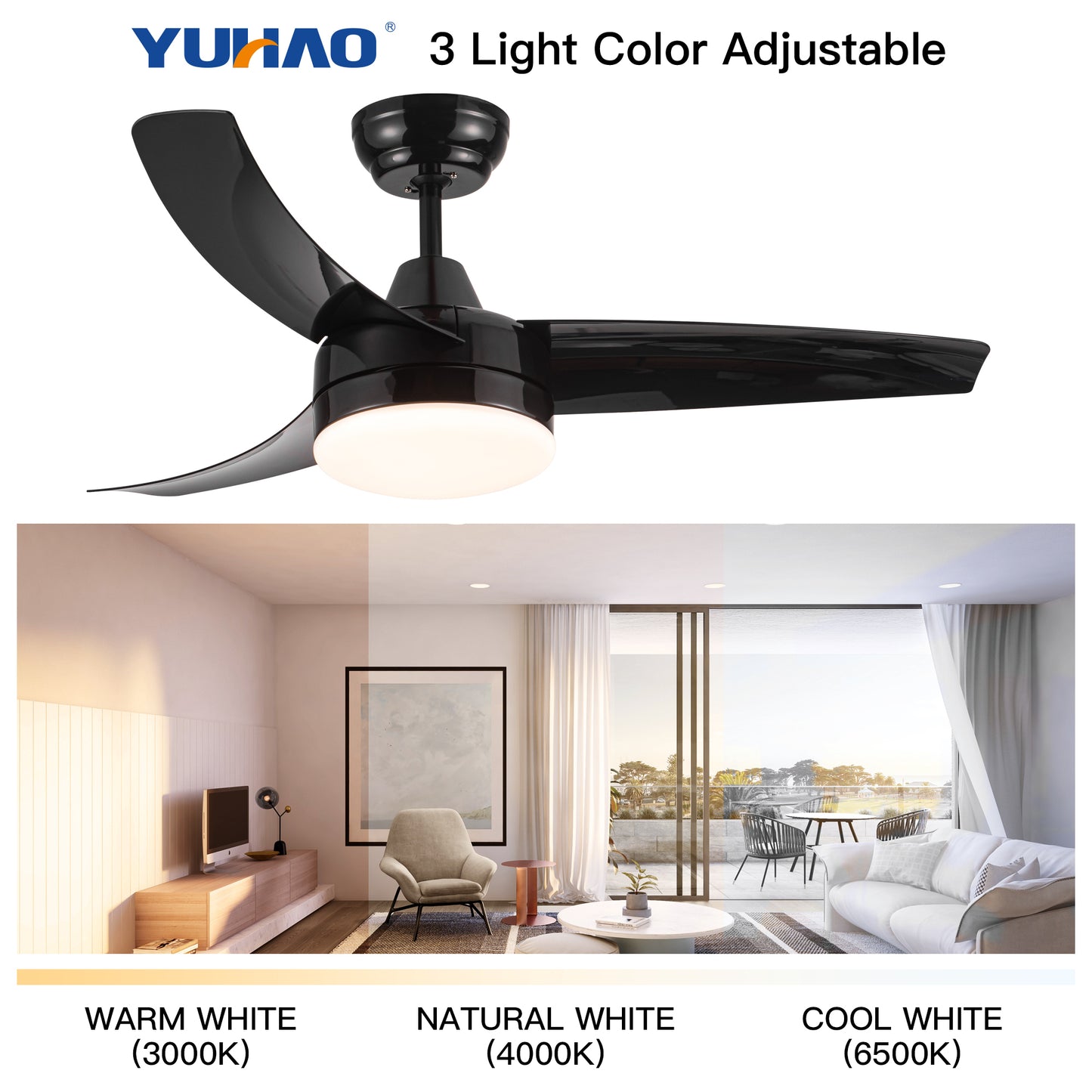 YUHAO Ventilador de techo LED moderno y contemporáneo con motor CC negro mate de 3 aspas de 42 pulgadas - 42 x 42 x 10,34 pulgadas