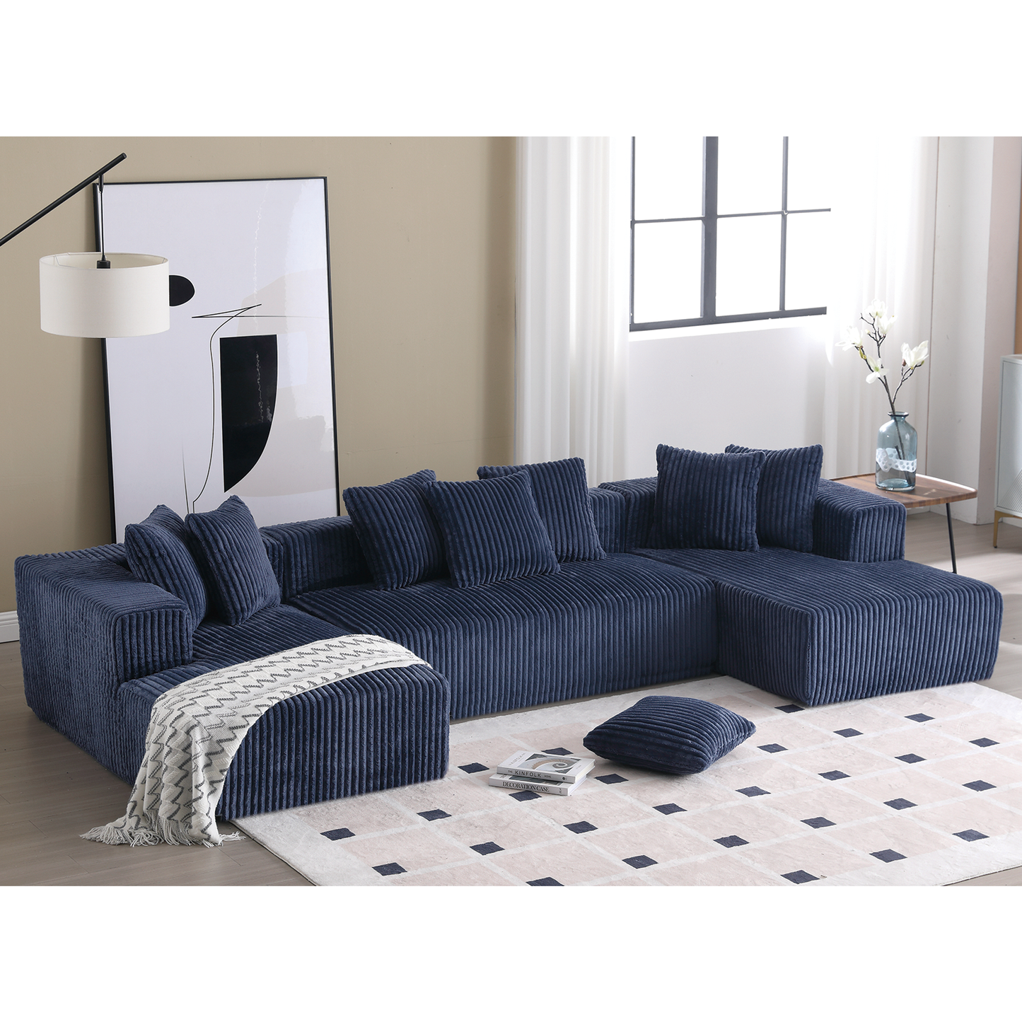 [NEW ARRIVED] [VIDEO PROVIDED]131'' Modular Sectional Couch, U-shaped sofa , Chaise Lounge, Striped fabric,Upholstered 4 Seater Couch for Living Room, Bedroom, Free Combination Sofa (Corduroy), Blue