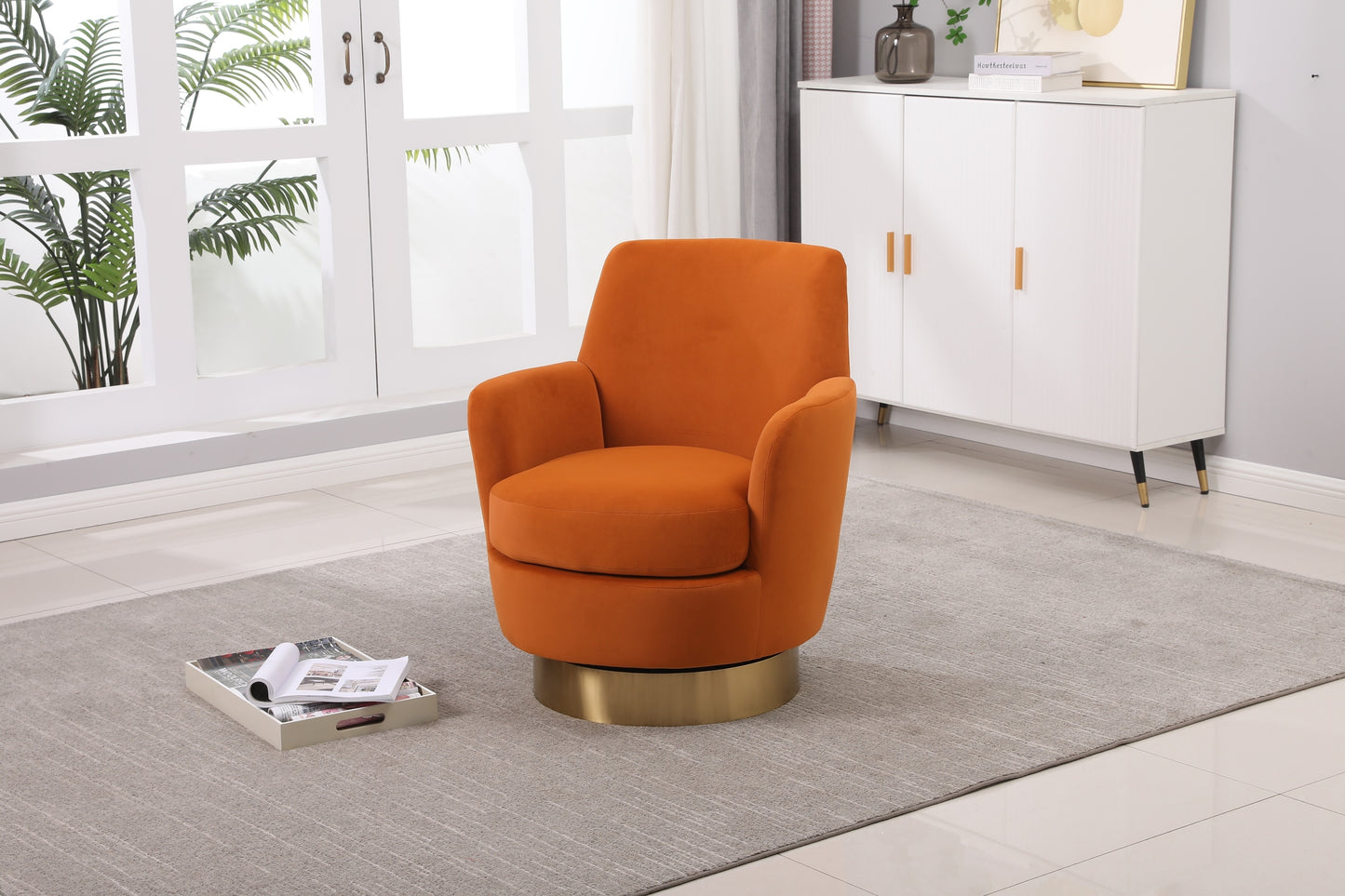 Velvet Swivel Barrel Chair, Swivel Accent Chairs Armchair for Living Room, Reading Chairs for Bedroom Comfy, Round Barrel Chairs with Gold Stainless Steel Base (Orange)