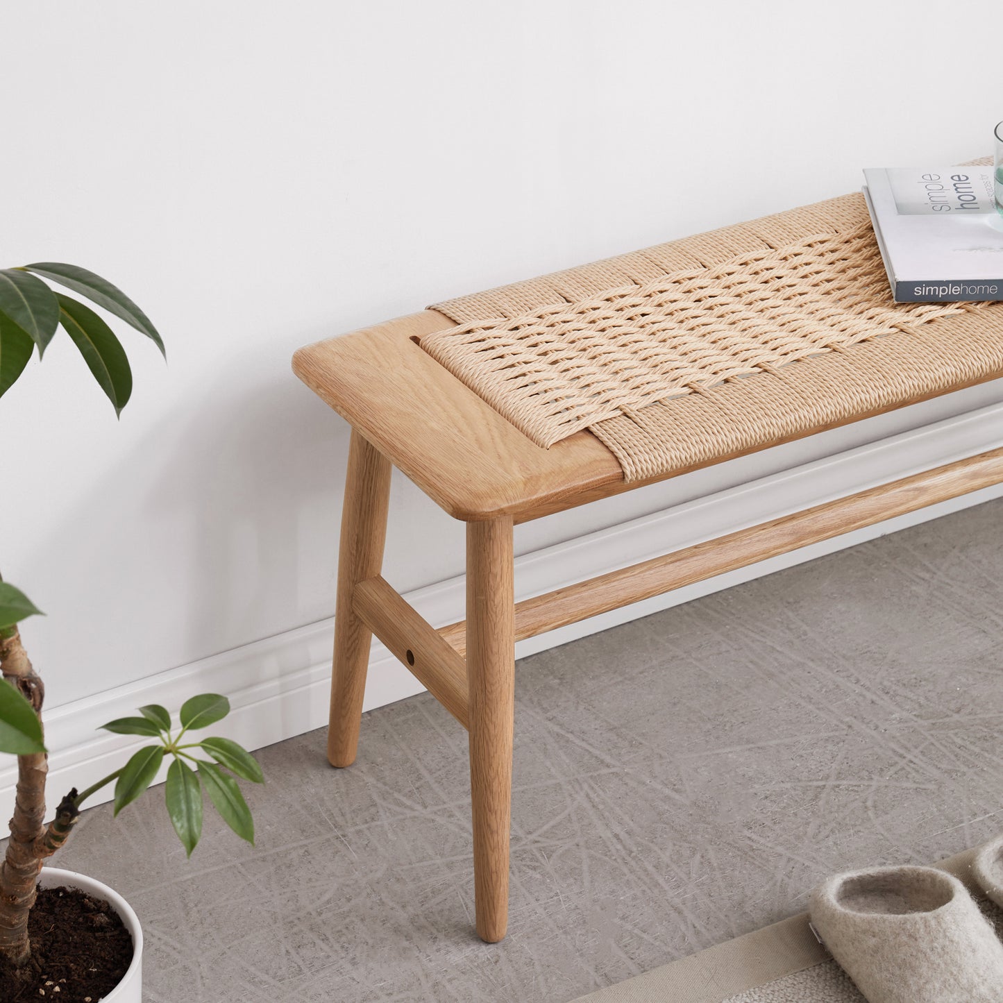 Banco de comedor de madera de roble Natural de diseño tejido, banco de cama para comedor, dormitorio, baño