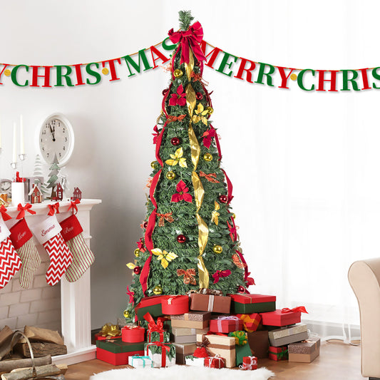 7.5FT Pop-Up Christmas Tree with 200 Warm White UL Lights – Pre-Decorated with Red & Gold Ornaments, Flowers, Ribbons & Bows – Easy Assembly, Space-Saving Collapsible Holiday Tree