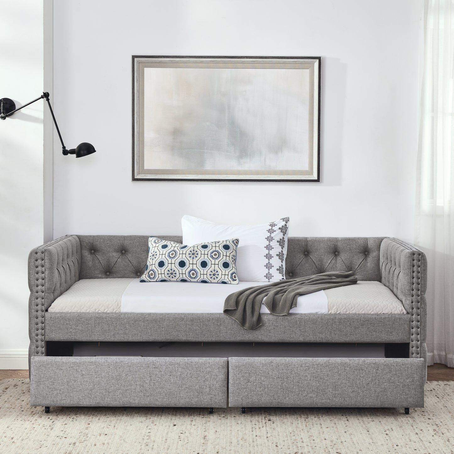 Upholstered Twin Size Daybed with Two Drawers, with Button and Copper Nail on Square Arms, Grey (82.75''x43''x30.75'')