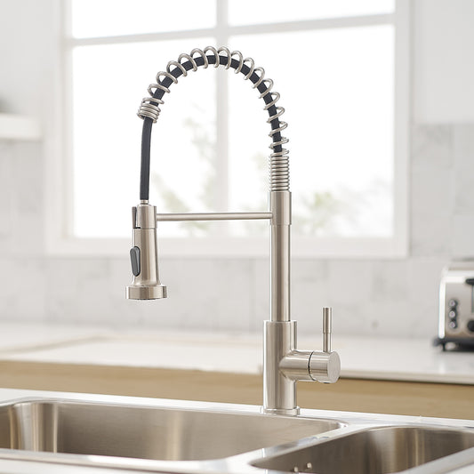 Commercial Brushed Nickel Kitchen Faucet with Pull Out Sprayer, Single Handle Single Lever Kitchen Sink Faucet