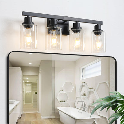 24' Modern Black 4-Light Bathroom Vanity Light Fixture, Industrial Wall Sconce with Clear Glass Shades for Mirror, Bathroom, Bedroom, and Hallway (No Bulbs)