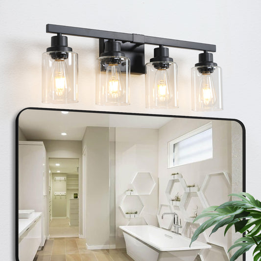 24' Modern Black 4-Light Bathroom Vanity Light Fixture, Industrial Wall Sconce with Clear Glass Shades for Mirror, Bathroom, Bedroom, and Hallway (No Bulbs)
