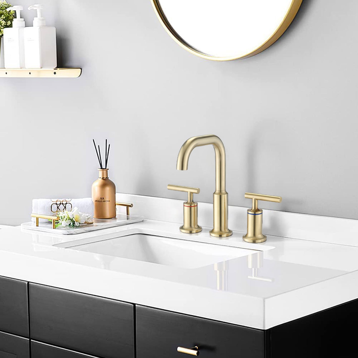 Widespread Bathroom Faucet 3 Hole 2 Handle Vanity Sink Faucet, Brushed Golden