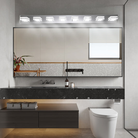 52' Modern Chrome 8-Light LED Vanity Light, Square Acrylic Lampshades Wall Mount Fixture for Bathroom, Mirror Lighting