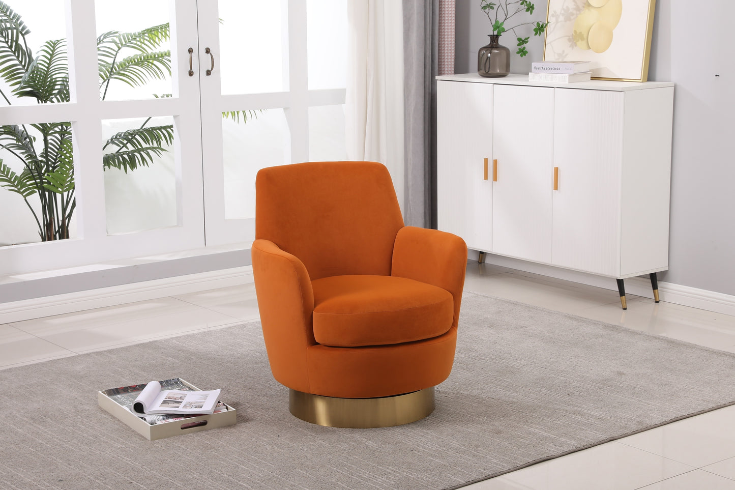 Velvet Swivel Barrel Chair, Swivel Accent Chairs Armchair for Living Room, Reading Chairs for Bedroom Comfy, Round Barrel Chairs with Gold Stainless Steel Base (Orange)