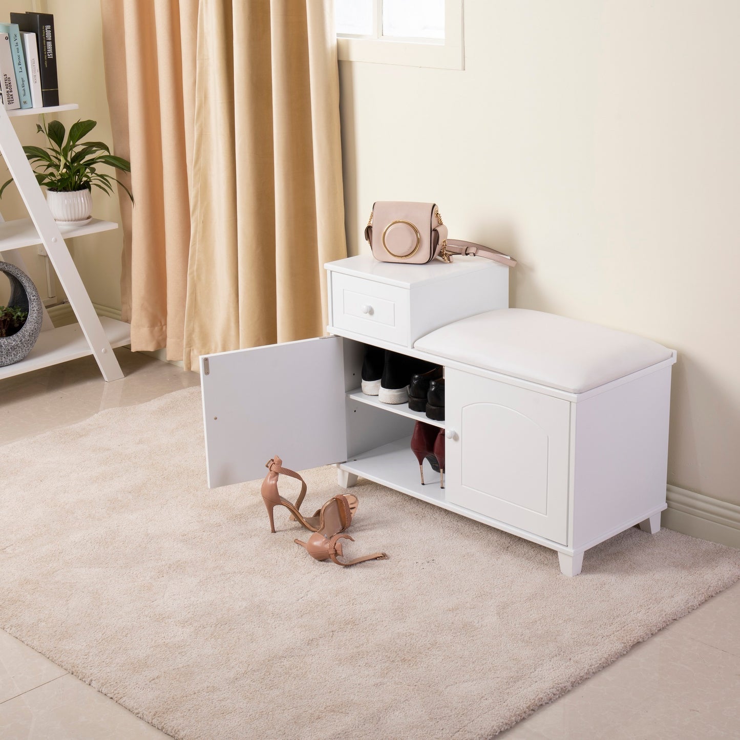 Banco de madera para almacenamiento de zapatos, mueble otomano con cajón, color blanco