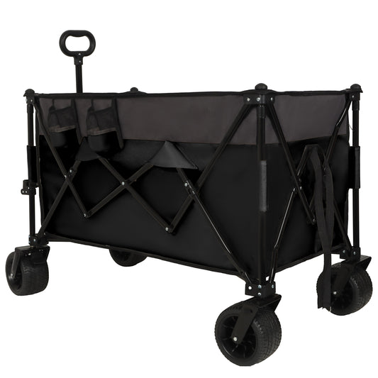 Extra Large 300L Tall Heavy-Duty Folding Wagon Cart with 480lbs Capacity – All-Terrain Wheels, Side Pockets, Brakes & Drink Holders for Camping, Beach, Sports, Gardening, Black- Gray