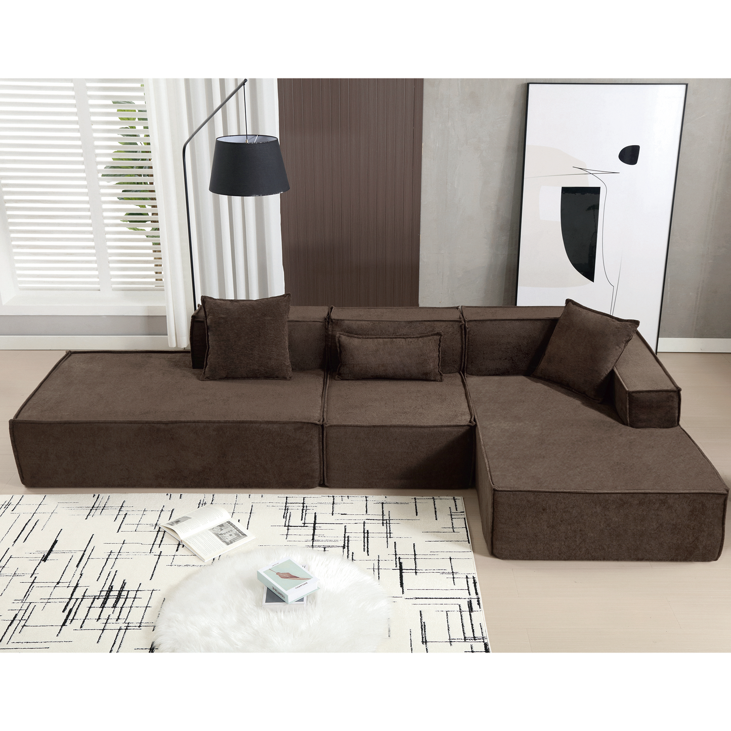 [VIDEO PROVIDED] Modular combination living room sofa set, modern minimalist sofa, free installation sofa, L-shaped, Italian minimalist tofu block sofa,Right-Hand Facing, Dark brown