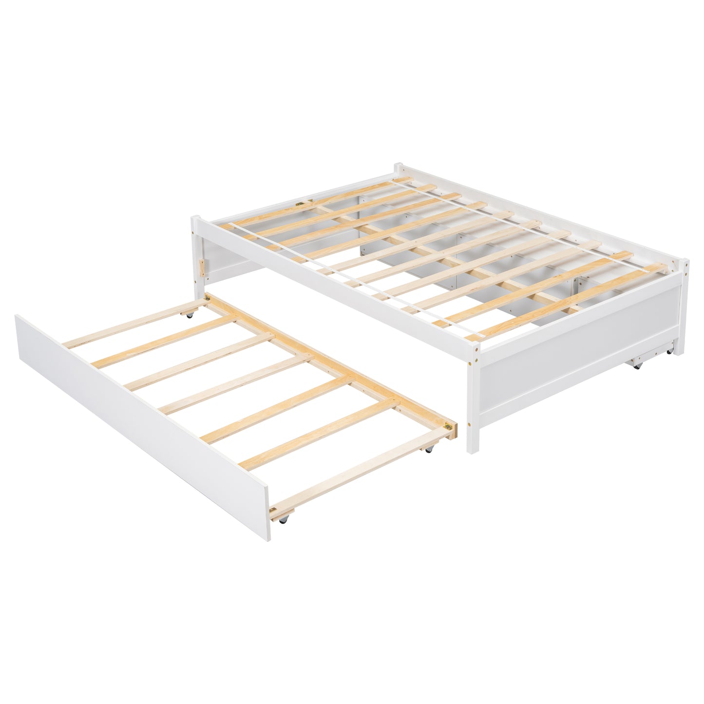 Cama completa versátil con nido, caja de almacenamiento debajo de la cama y mesita de noche. Blanco