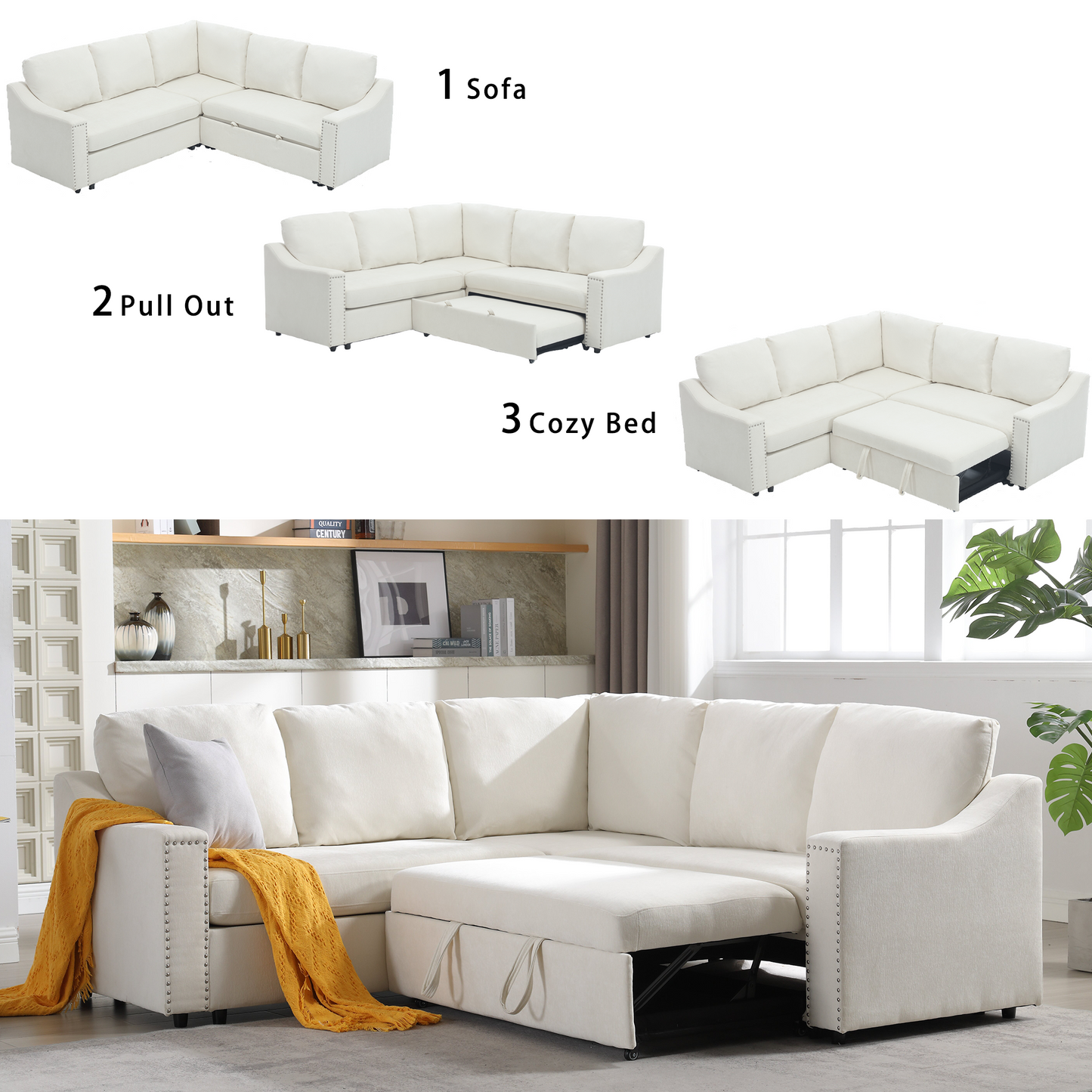 [NEW ARRIVED] [VIDEO PROVIDED]L-shaped sofa with pull-out sofa bed, Corner Sofa,comfortable living room furniture set, sleeper sofa bed,Corner seat for two with broaching sofa,Rivet DeChenille,Beige