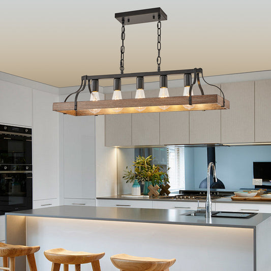 34-Inch Black and Walnut Wood Grain Pendant Light, 5 E26 Bulb Sockets, Adjustable Chain Height – Modern Farmhouse Chandelier for Dining Room, Kitchen, or Living Room (Bulb Not Included)