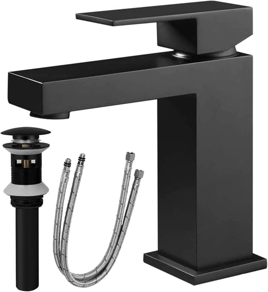 Single Handle Bathroom Faucet, Matte Black Single Hole Bathroom Faucet, Solid Brass Modern Bathroom Sink Faucet Basin Vanity Square Bathroom Faucet with Pop-up Drain & Water Supply Hoses
