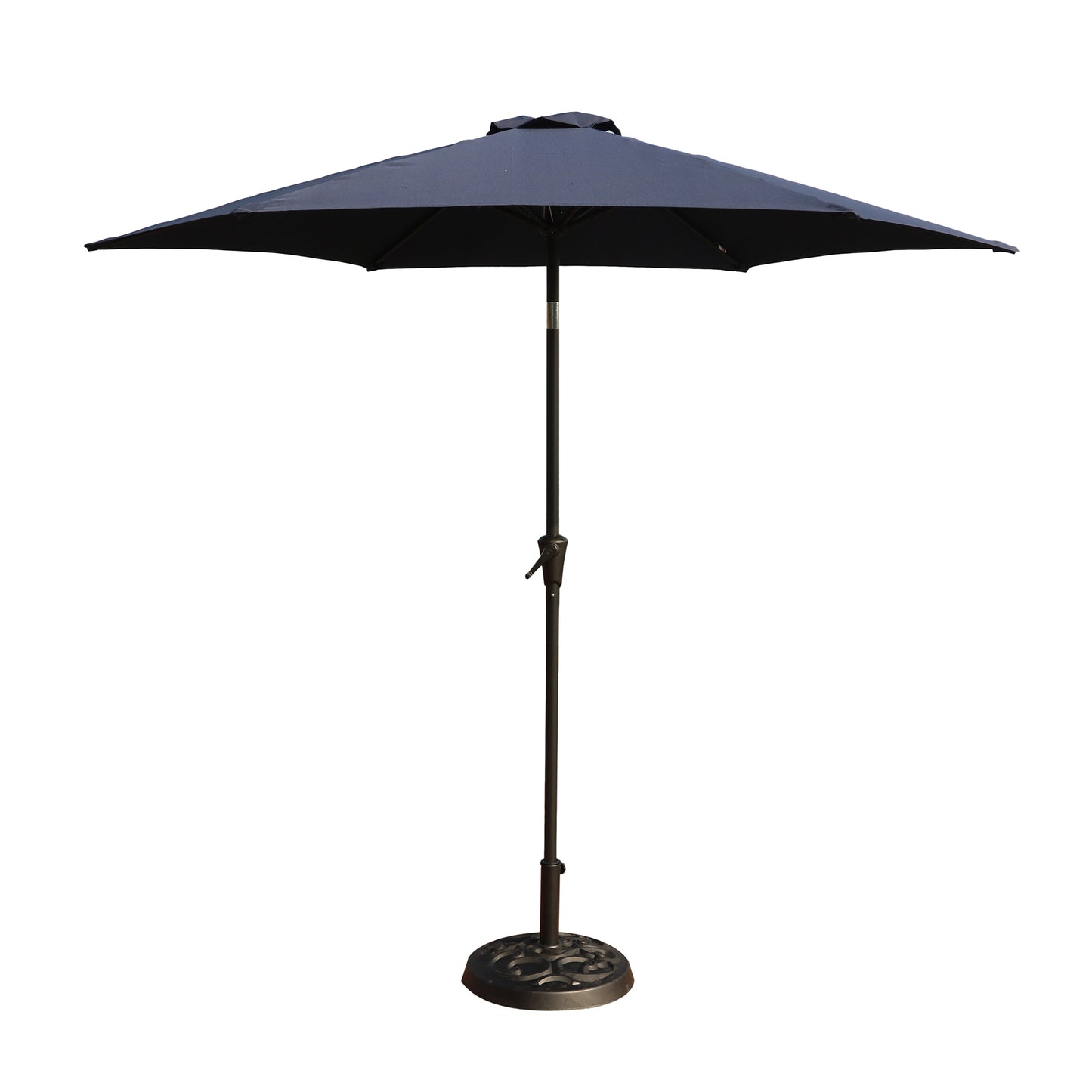 Outdoor Aluminum Patio Umbrella with Round Resin Base, Push Button Tilt, Crank Lift, Navy Blue, 8.8 Feet