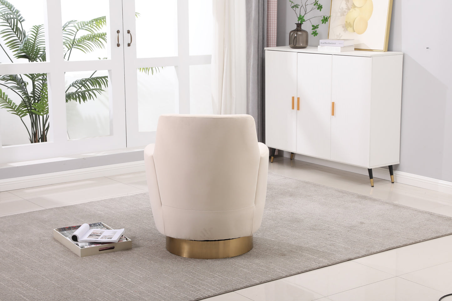 Silla giratoria de terciopelo, sillas giratorias decorativas, sillón para sala de estar, sillas de lectura para dormitorio, cómodas, sillas redondas con base de acero inoxidable dorado (beige)