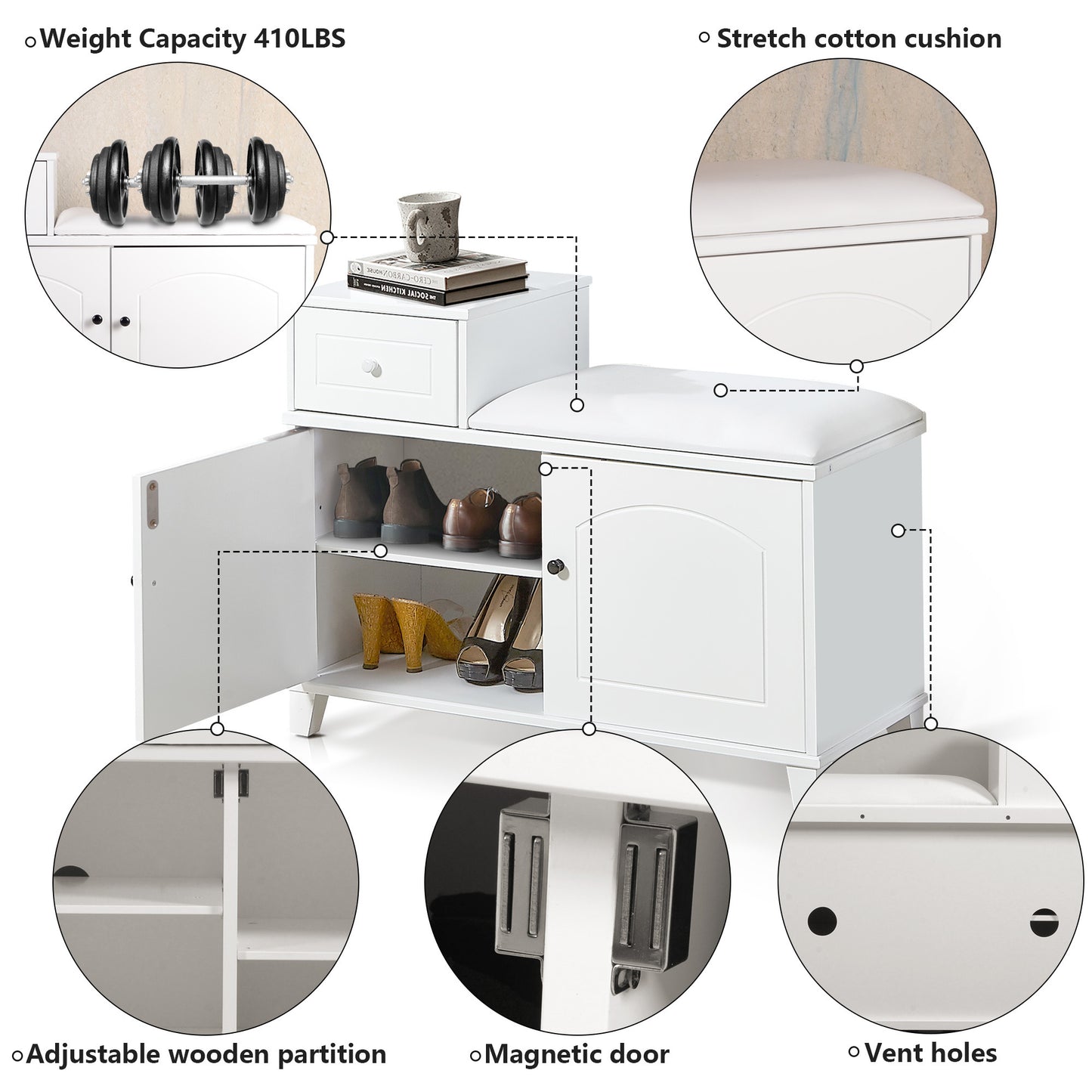 Banco de almacenamiento de zapatos blanco con cojín de PU ignífugo, puertas dobles y cajón móvil de madera para puerta de entrada